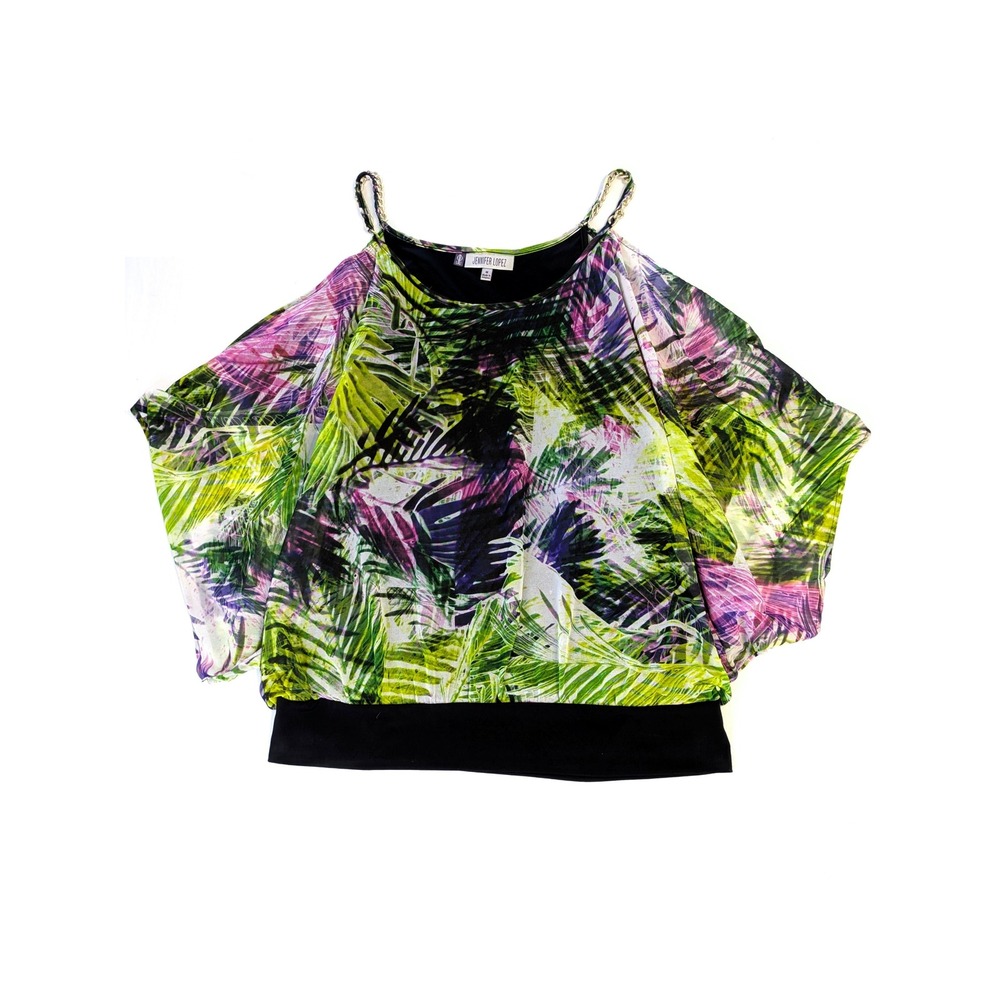 Jennifer Lopez Tropical Palm Cold Shoulder Top Gold Chain Strap Green Pink Med